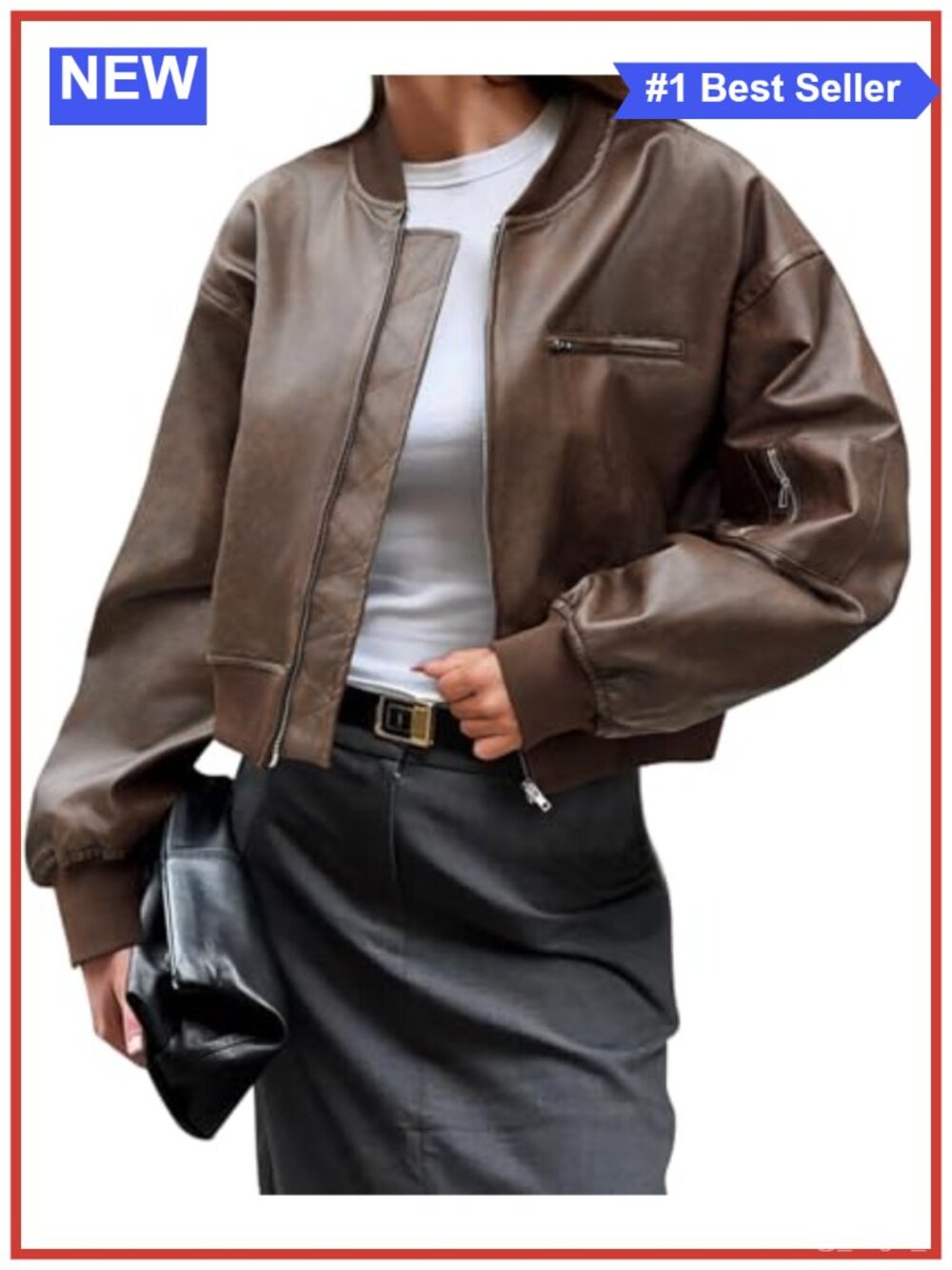 Faux Leather Cropped Bomber Jacket with Pockets